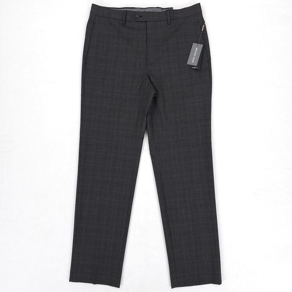 Michael Kors Mens Classic Fit Dress Pants 33x32 Grey Red Plaid Stretch NWT